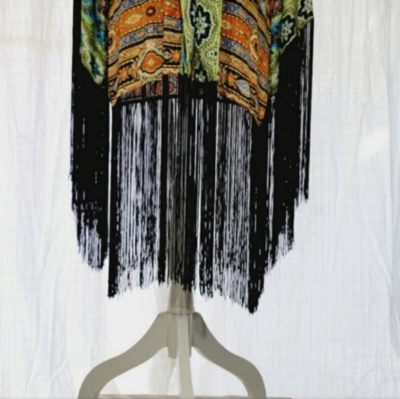 Boston Proper Bohemian Artsy Moasic Fringe Kimono Cardigan Wrap Cape Open Duster - Picture 6 of 12